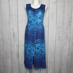 VTG 90s Phool Blue Rayon Maxi Dress Boho India Floral Tie Back Button Front - M